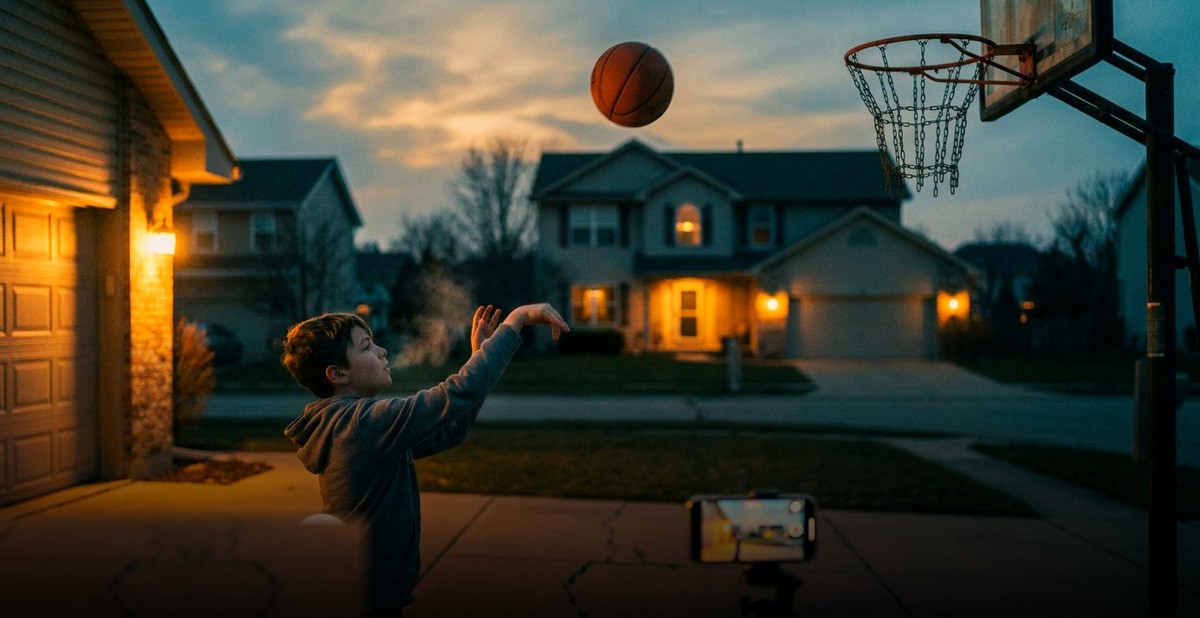 A basketball player shooting at a driveway hoop with a phone set up nearby